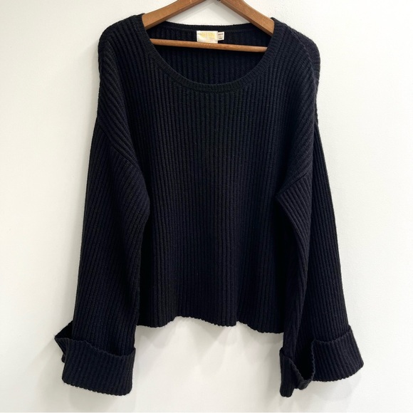 Nation LTD baby alpaca black ribbed crewneck sweater oversized bell sleeves LG - Picture 1 of 7
